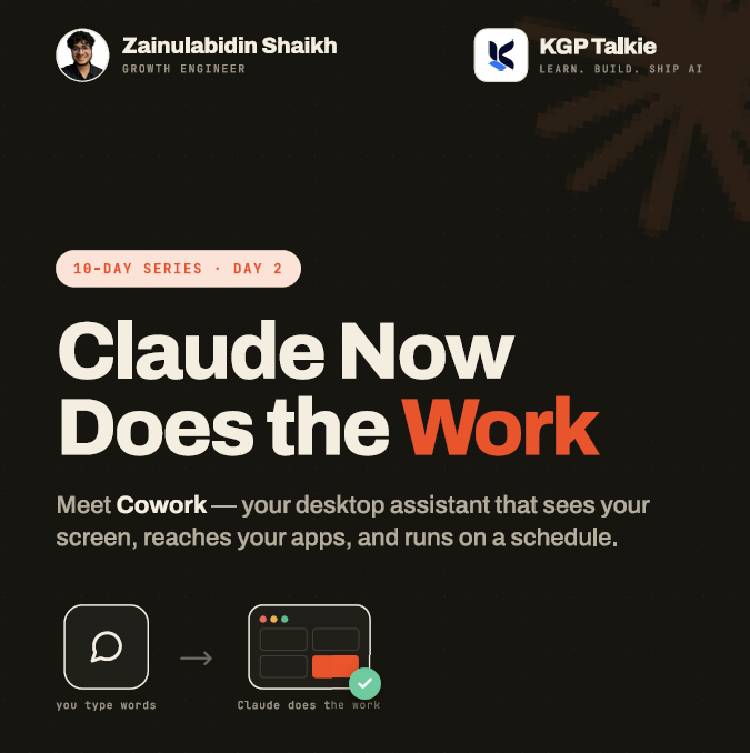 Zainulabidin_Sk's tweet photo. Chat mode = Claude tells you the steps.
Cowork mode = Claude does the task.

It sees your screen, uses your apps, and runs on a schedule (even with the laptop closed).

Stop asking how. Start handing it the work. Day 2 of 10. #ClaudeMastery https://t.co/c6LQgEJkFY