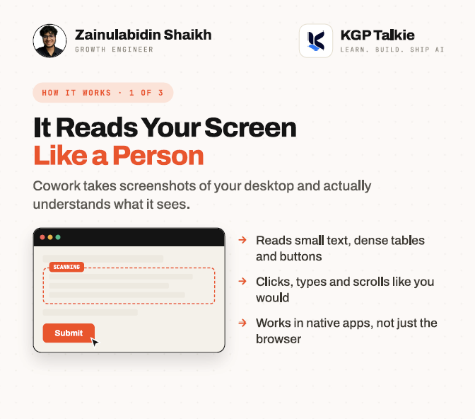 Zainulabidin_Sk's tweet photo. Chat mode = Claude tells you the steps.
Cowork mode = Claude does the task.

It sees your screen, uses your apps, and runs on a schedule (even with the laptop closed).

Stop asking how. Start handing it the work. Day 2 of 10. #ClaudeMastery https://t.co/c6LQgEJkFY