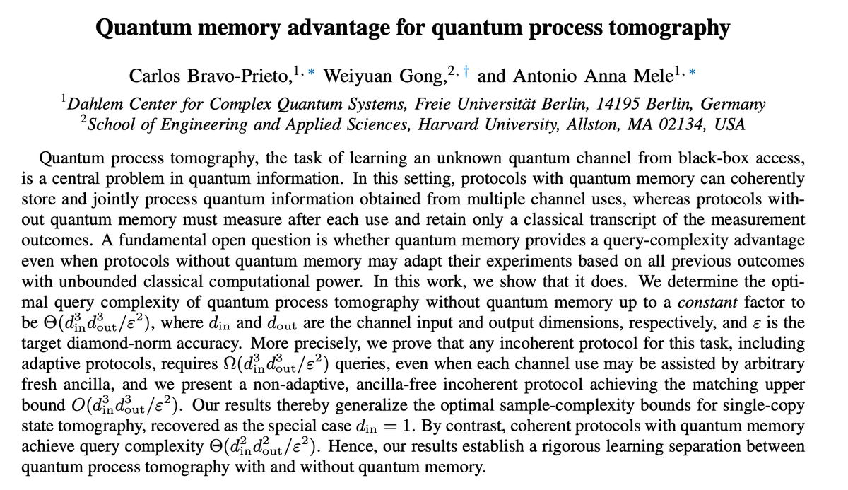 QuAntonioMele's tweet photo. Happy to share our new paper "Quantum memory advantage for quantum process tomography", today on ArXiv! ⚛️

https://t.co/ZAiizwydBn

Thanks to @charl_bp and @gong_weiyuan for the great collaboration! https://t.co/kVfkpDwSrr