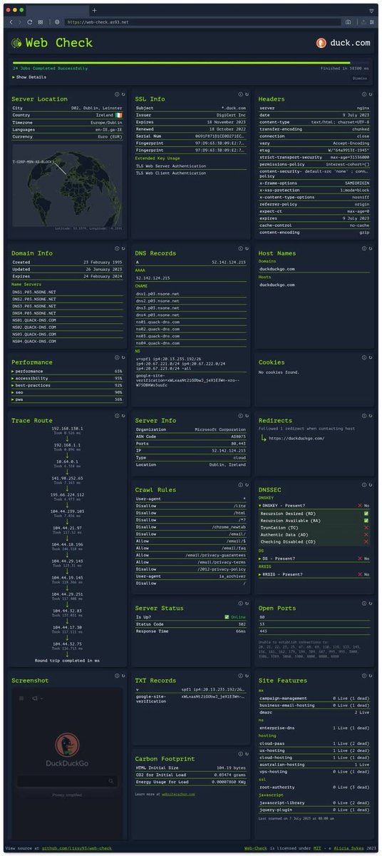 Anastasis_King's tweet photo. Web-Check: All-in-one website OSINT tool for analysing any website
The dashboard will show - IP info, SSL chain, DNS records, cookies, headers, domain info, page map, server location, open ports, traceroute
https://t.co/S9Uvdwyyjw
#OSINT #WEBINT https://t.co/O4B9lUNWAK