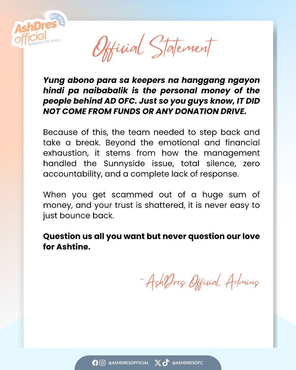 AshDresOFC's tweet photo. Behind our silence was a heavy financial and emotional burden we carried quietly.

Now, we're choosing to focus on what lies ahead. We’re putting all our love, support, and energy into Ash's upcoming concert. 

We’ll come back stronger. Our love for Ashtine remains unwavering. 🤍 https://t.co/09HkCRpaEJ