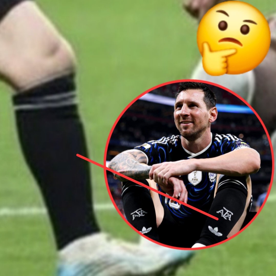 ASTOUNDlNGMessi's tweet photo. @arielipillo @AbsoluteBruno Pierna desconectada y sin logotipos de Adidas ni AFA.

Probablemente se trate de una combinación de Photoshop e inteligencia artificial para alterar la posición de la pierna de Messi.

La "fuente original" de la imagen tampoco aparece por ningún lado. https://t.co/wVVR2Ky8gq