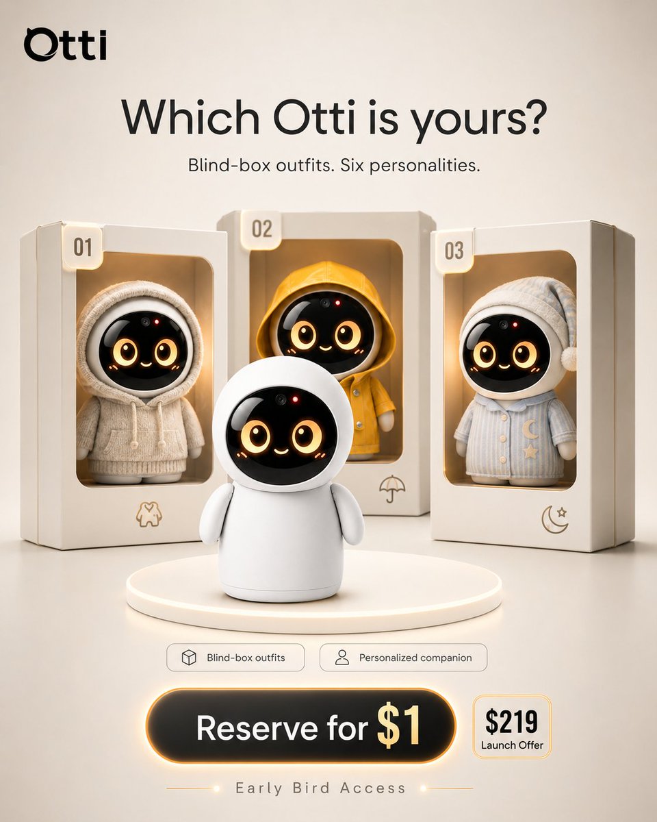 OttiRobot's tweet photo. Which Otti is yours?

Cozy, rainy-day, or sleepy-time cute?
Otti’s blind-box outfits bring six little personalities to your AI companion.

Reserve yours for just $1 and unlock Early Bird Access.
https://t.co/55rWhSPIhx https://t.co/Ycp8bYvoP5