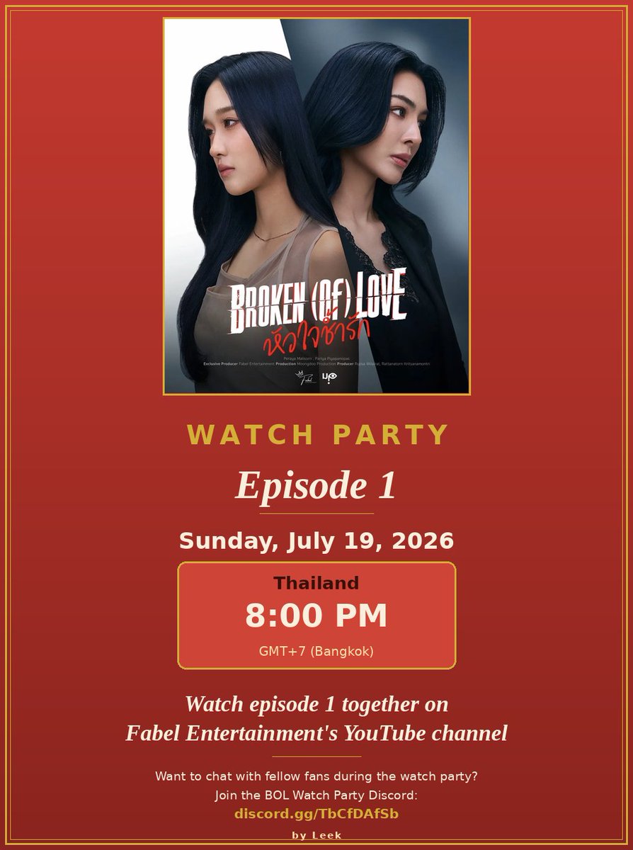 LeeK561170's tweet photo. 🚨 BOL WATCH PARTY (EPISODE 1)🚨
Join us for a watch party — the goal is simple: have fun, boost the views, help the YouTube algorithm, bring back fans who stopped streaming, and welcome new ones into the fandom!
What to do: Watch episode 1 on Fabel Entertainment's YouTube channel at the date and time indicated below 👇
📅 Sunday, July 19
🕗 8PM Thailand
Same time, same episode, all together 📈
Want to chat with fellow fans during the watch party? Join the BOL Watch Party Discord: https://t.co/Mkscw5fDh4
#BOLwatchparty #BrokenOfLoveTheSeries #Fabelentertainment #FayePeraya #AtomPariya