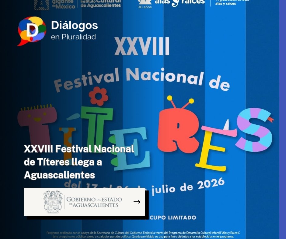 dialogosplural's tweet photo. 🎭 ¡El XXVIII Festival Nacional de Títeres llega a #Aguascalientes! Del 17 al 26 de julio, disfruta de talleres, funciones y espectáculos 100% gratuitos para toda la familia en distintos municipios.
Entérate de sedes y cartelera completa aquí 👇
https://t.co/Ax84zP0Mlx https://t.co/FuR2UR1zVD