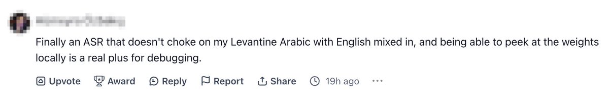 AudarAI's tweet photo. Real users, real reactions. 🎉

"Finally an ASR that doesn't choke on my Levantine Arabic with English mixed in."

That's why we built Audar-ASR-V1 — Arabic-first, open-weight, and ready for how Arabic is actually spoken.

Link：https://t.co/5AFT40XlgV

#Arabic #AudioAI https://t.co/ygXVmUgqXc