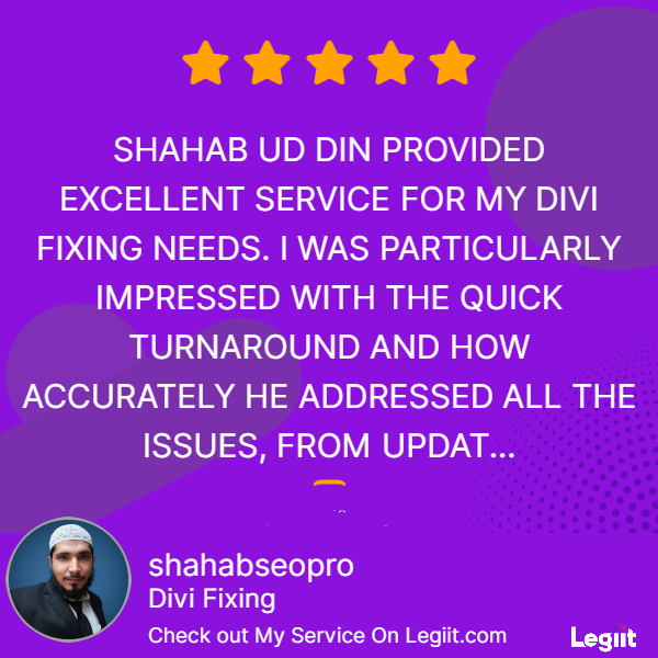 Shahabuddin2940's tweet photo. Just received this 5⭐ review!

"Shahab Ud Din delivered excellent Divi fixes with super quick turnaround. Fixed phone numbers, 'Get In Touch' link &amp; more, professionally done!"

Need fast &amp; reliable Divi/WordPress repairs?
Message me.

#Divi #WordPress #WebsiteFix #legiit https://t.co/JJ96ZF3iPc