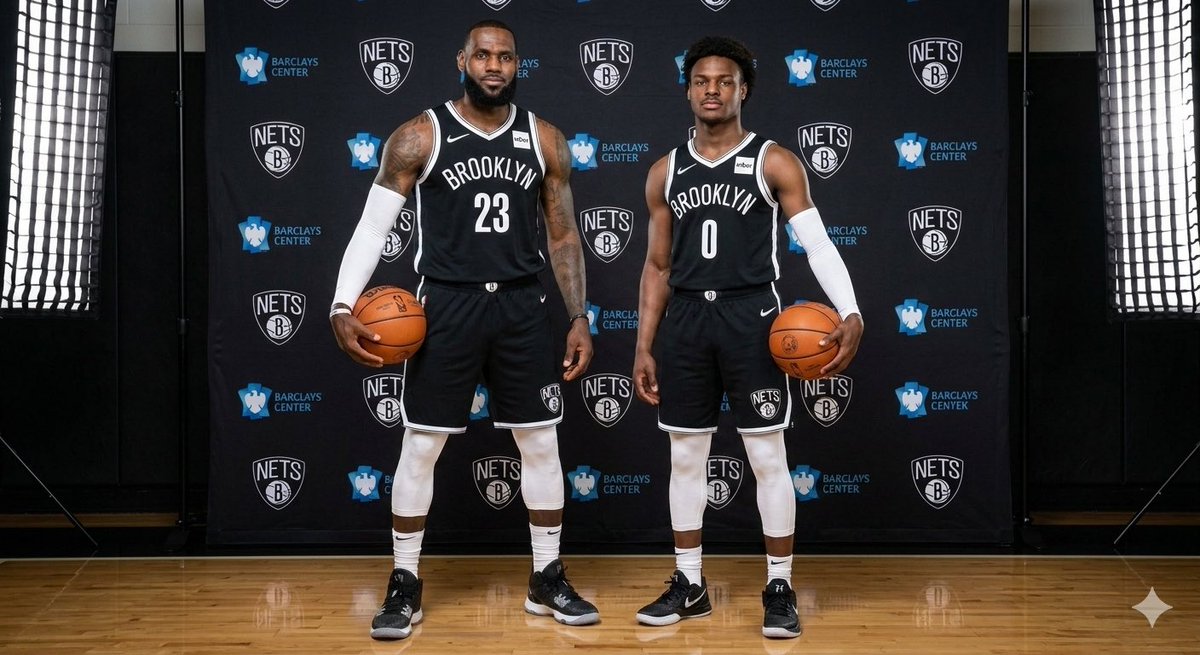 SullySultan's tweet photo. BREAKING: LeBron James is signing a 1-year, $7M deal with the Brooklyn Nets! 🚨In a simultaneous blockbuster, the Lakers are donating Bronny James to Brooklyn to reunite the father-son duo. The King is heading to the Barclays Center! 👑🗽 #NBAFreeAgency #Nets https://t.co/gBEyM1XFY2