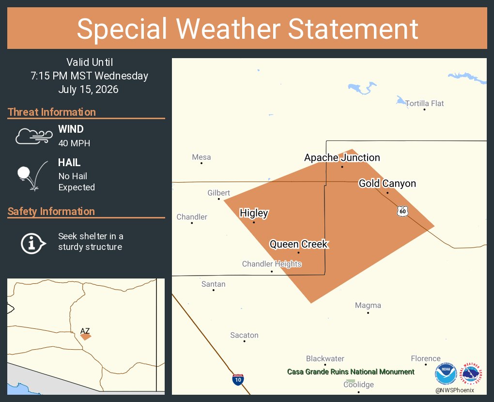 NWSPhoenix's tweet photo. A special weather statement has been issued for Apache Junction AZ, Queen Creek AZ and  Gold Canyon AZ until 7:15 PM MST https://t.co/7NHQaw4Ey2