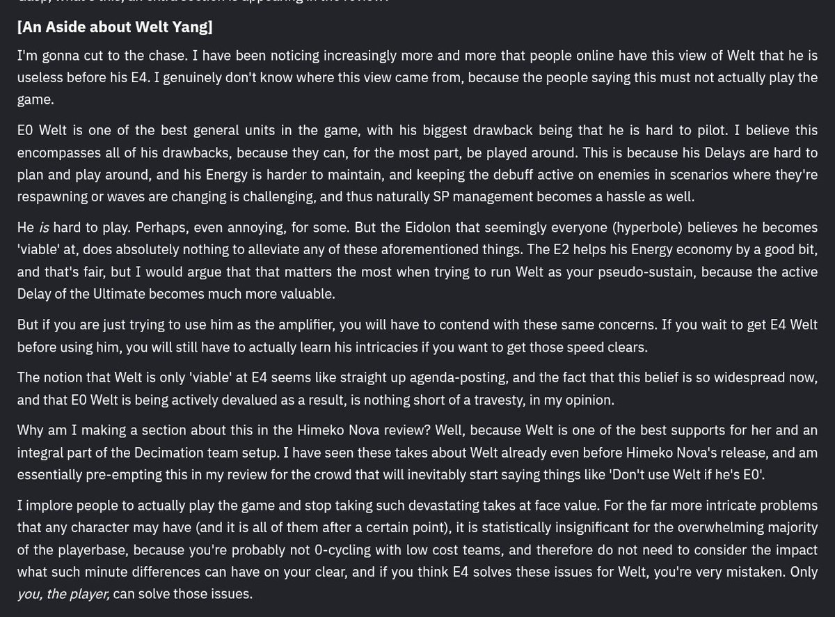 Razor_Language's tweet photo. Rare Prydwen admin crashout about Welt larpers in Himeko Nova's review.

It's so funny they made an entire section specifically talking about Welt in Himeko Nova's review 😭😭😭 https://t.co/5myrBFzask