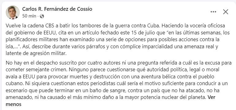 pedropprada's tweet photo. Vicecanciller @CarlosFdeCossio denuncia que medios de EEUU vuelven a batir tambores de guerra contra #Cuba🇨🇺 en nombre de su gobierno, acusan sin evidencias y describen opciones de agresión con cómplice impunidad, sin medir consecuencias humanas y materiales
#CubaVencera https://t.co/VvTyL3gNpe