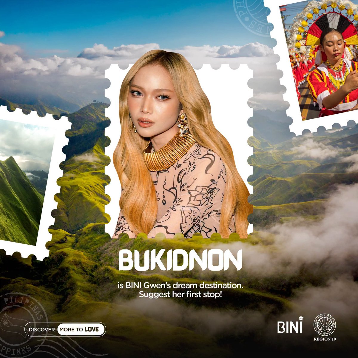 binicrave's tweet photo. Department of Tourism Northern Mindanao posted one of Philippine Tourism Ambassador #BINI_GWEN featuring BUKIDNON as her one of bucketlist places to visit. 

With its expansive green mountains, cool highland air, thrilling adventures, and a true farm-to-table charm unmatched in the Philippines, Bukidnon is pure magic. It's the ideal location for adventure seekers seeking their next thrill, families creating memories, and lone travelers seeking tranquility.

@BINI_ph #BINI
#BINILovesThePhilippines