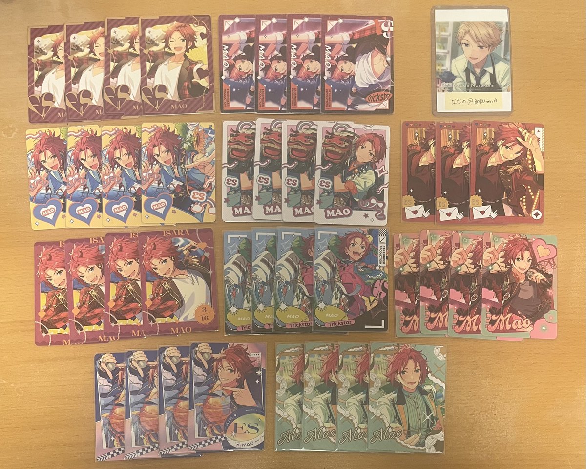 BOBUnnnA's tweet photo. あんスタ　オンリー真緒コレクションカード

譲→画像参照

求→同種エージェントまたは各定価

ご縁がありましたらよろしくお願いします。
7/18-19京都駅周辺にて時間によりお手渡し可能です。 https://t.co/JY5rYoRgjU