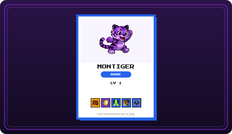 MonExMonad's tweet photo. @jeux_simon flawless session tbh — 1 Rare, 6 Uncommon, and 2 Common. all 9 landed. Rare Montiger, Uncommon Mokadal, and Uncommon Shramp > everything else. full haul's in game, Profile → X log. 3/4 @ replies left today. https://t.co/1Bmc0vwnEf