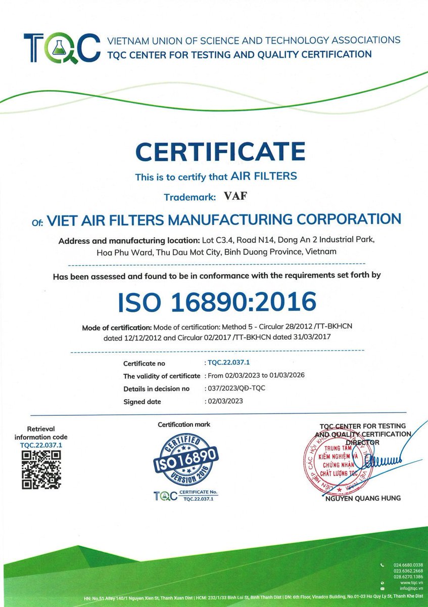 vietairfilter's tweet photo. Tiêu chuẩn ISO 16890: Bước ngoặt trong công nghệ lọc khí hiện đại
​Bạn đang vận hành hệ thống Hvac hay Ahu nhưng chưa rõ bộ lọc của mình có thực sự đạt chuẩn? Hãy cùng làm rõ tiêu chuẩn ISO 16890 (Thay thế cho EN779 truyền thống).

​Tại sao ISO 16890 là tiêu chuẩn bắt buộc cho các nhà máy hiện đại?
- ​Phân loại theo kích thước hạt thực tế: ISO 16890 không đánh giá chung chung mà phân loại dựa trên khả năng lọc bụi mịn (ePM1, ePM2.5, ePM10), giúp tối ưu hóa khả năng bảo vệ hệ thống AirFiltration.
- ​Hiệu suất thực tế: Tiêu chuẩn này buộc các nhà sản xuất phải minh bạch về khả năng loại bỏ các hạt bụi có hại nhất, thay vì dựa vào các chỉ số lý thuyết.

​Làm sao để biết bộ lọc của bạn đạt chuẩn?
Tại Việt Nam, việc tìm kiếm đơn vị sản xuất uy tín cần dựa trên Test Report từ các phòng thí nghiệm độc lập. Viet Air Filter (VAF) hiện là đơn vị tiên phong áp dụng tiêu chuẩn này vào quy trình sản xuất các thiết bị Hepa, Ulpa và lọc túi, mang đến giải pháp CleanAirSolution đạt chuẩn quốc tế ngay tại nội địa.

​👉 Bạn cần tư vấn giải pháp nâng cấp hệ thống lọc khí đạt chuẩn ISO 16890?
Liên hệ với chuyên gia tại VAF để nhận bảng thông số kỹ thuật chi tiết nhất.

​Viet Air Filter #VAF #lockhiviet #airfilter #filterair #Hepa #Ulpa #Hvac #Ahu #AirFiltration #EN779 #ISO16890 #IndustrialAir #CleanAirSolution #Hethonglockhi