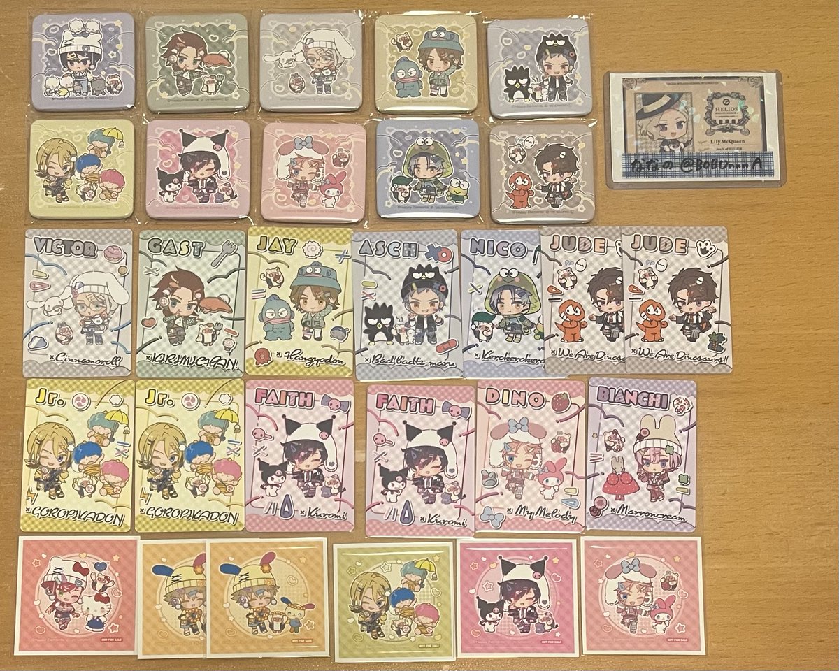 BOBUnnnA's tweet photo. エリオス　サンリオ　スクエア缶バッジ　コレクションカード　特典シール

譲→画像参照
アキラ/ウィル/レン/ガスト/ヴィクター/ジュニア/フェイス/ディノ/ジェイ/アッシュ/ニコ/ジュード/ビアンキ

求→缶バッジ各550円、カード各440円
特典1100円毎1枚同封可能です(他のグッズのお迎えでも可) https://t.co/O7BmQembgC