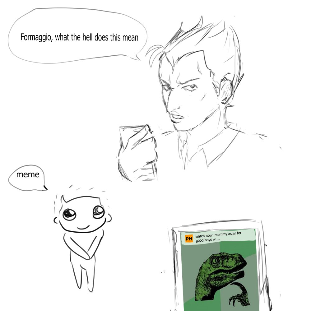 toniiocat's tweet photo. formaggio showing sorbet a meme on his phone https://t.co/2ljd0XZksA