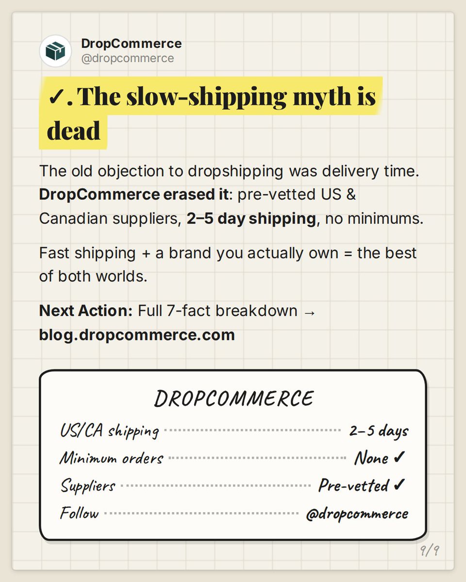 DropCommerce's tweet photo. The slow-shipping myth is dead.

DropCommerce erased it: pre-vetted US &amp; Canadian suppliers, 2–5 day shipping, no minimums.

Fast shipping + a brand you own = the best of both worlds.

Full breakdown → https://t.co/MkIoXo48hd
Follow us at @dropcommerce for more. https://t.co/049N33w3Vm