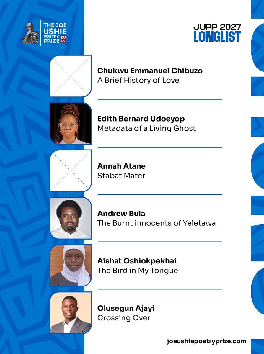 JULitFoundation's tweet photo. JUPP'27 LONGLIST 

We are glad to end this season of announcements by adding the following 6 poets to the JUPP'27 longlist.

A shortlist of 10 will follow sometime in October, per our pinned post.

We heartily congratulate all 51 longlistees and remain grateful to all entrants. https://t.co/5ET6LqwJ2q