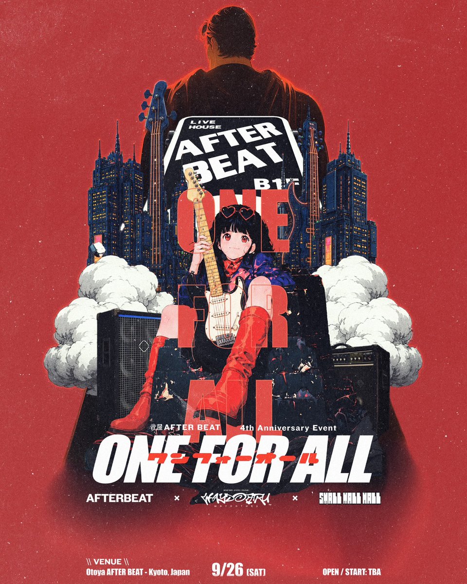 afterbeat_kyoto's tweet photo. ONE for ALL 2026 AFTERBEAT 4th Anniversary Event
2026.9.26(土)
会場：京都 音屋 AFTERBEAT / ふるさと / 大粒の泪 OPEN / START：後日発表

AFTERBEAT4周年記念サーキットイベント「ONE for ALL 2026」出演アーティスト第一弾解禁。

ライブハウスも、アーティストも、お客様も、みんなで一つのイベントを作る一日！
3会場それぞれに違う音楽と景色があります！ 
HERO STAGE【AFTERBEAT】
a frankenlouie @a_frankenlouie  AcroBox @BoxAcro  All Terminals @terminals_all  Amazing Barrier Reef @Ama_Ba_Re  bluekeys @bluekeysband  DISTRESS @distress_jp  Lexulty（福島） @lexulty_band  LoG @log_610  Sound Design Works @S_D_Works  WAY DO THRU @waydo_thru  ナイトサファリ @Night_Safari_ns  下町のRock’nパフェ @rocknpafe  and more…

ALLIANCE STAGE【ふるさと】
Bashoo @Bashoo_is_me  アキラ @akira_utauhito  くまこ @yuleyuk___vo  カキツバタニーナ @nachippoo  ふくもと那奈 @nyannyan__sign  まるやまひろし @hiroshi_e919  安達花 @a_hana8703  大江武圭留 @takeruooe  関口憂一 @yu1_aypxn28  星愛 @seia_ssw  瀧本結月 @yucchan0905  and more…

LEGACY STAGE【大粒の泪】
ANG（群馬）  BO5TON 33（名古屋） @BO5TON33  karesansui @karesansui_band  Odontolabis femoralis（名古屋） @Odon_band  Slipout Blank @SlipoutBlank413  small mall hall @smallmallhall  (told about)Bored Games @boredgames_osk  みかん  ハイパー地球人 @hyperearthling  and more…

9月26日、京都の3会場を音楽で繋ぎます！
第二弾もお楽しみに！

企画•主催
AFTERBEAT @afterbeat_kyoto 
small mall hall @smallmallhall 
WAY DO THRU @waydo_thru 

フライ��ー•デザイン
@hagane_yd 

#ONEforALL #AFTERBEAT #京都ライブ #サーキットイベント #ライブハウス
