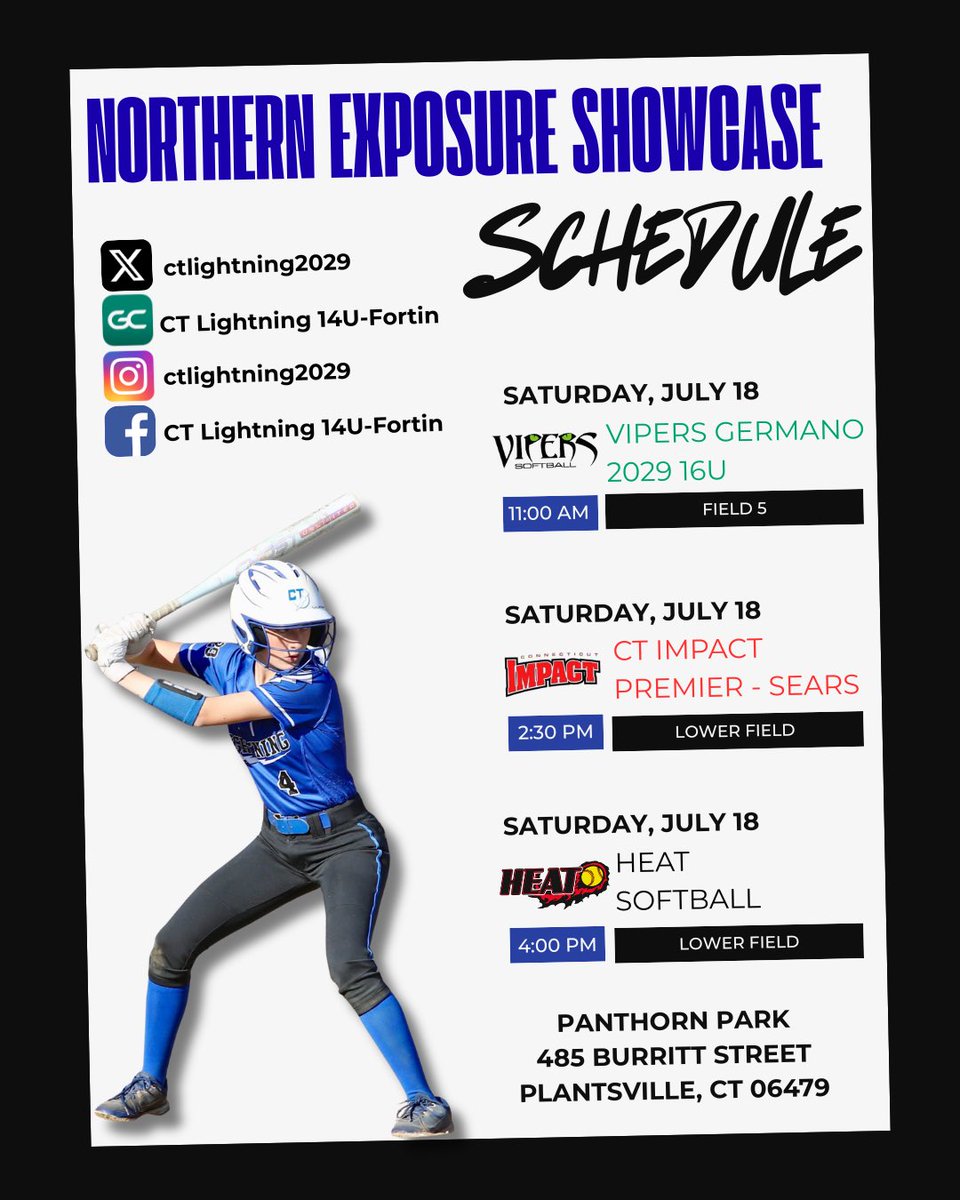 CTLightning2029's tweet photo. Schedule drop for the USA Elite Northern Exposure Summer Showcase this weekend! @USAElite_Jen #ctlightning https://t.co/nh1xfK2tJ9
