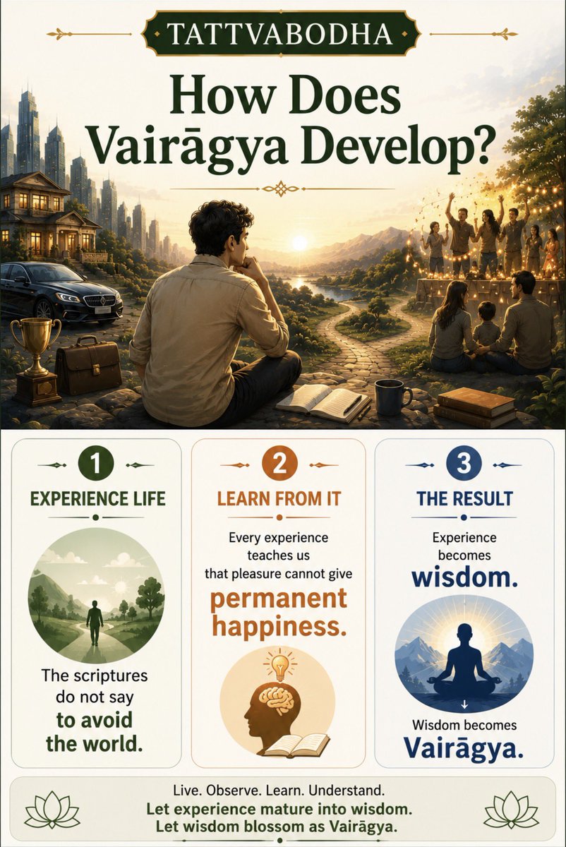 sanatana_wisdom's tweet photo. 🕉️

Experience becomes wisdom.

Wisdom becomes Vairāgya.

#Tattvabodha #Vedanta #SanatanaDharma https://t.co/9KpTc2OOJD