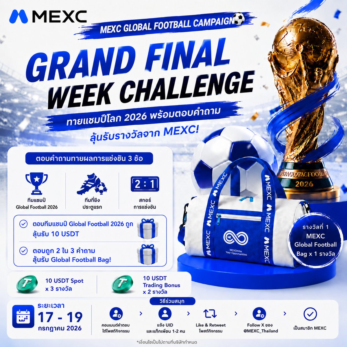 MEXC_Thailand's tweet photo. 🎮 MEXC World Cup Campaign ⚽️🌍

🏆 Grand Final Week Challenge 🔥
ทายแชมป์โลก 2026 พร้อมตอบคำถามลุ้นรับรางวัลจาก MEXC!

🎯 วิธีร่วมสนุก
🏆 ทายทีมแชมป์ World Cup 2026 ลุ้นรับ 10 USDT
⚽ ตอบคำถามทายผลการแข่งขัน 3 ข้อ ลุ้นรับ World Cup Bag
• ทีมแชมป์ World Cup 2026
• ทีมที่ยิงประตูแรก
• สกอร์การแข่งขัน

💬 คอมเมนต์คำตอบใต้โพสต์กิจกรรม
📲 พร้อมแจ้ง UID และ Tag เพื่อน 1–2 คน

📌 เงื่อนไข
✅ Follow X ของ @MEXC_Thailand
✅ Like & Retweet โพสต์กิจกรรม
✅ เป็นสมาชิก MEXC

🎁 ของรางวัล
🥇 MEXC World Cup Bag × 1 รางวัล
(ตอบถูก 2/3 - 3/3 สุ่มลุ้นรับ)
🥈 10 USDT Spot × 3 รางวัล
(ทายทีมแชมป์ถูก)
🥉 10 USDT Trading Bonus × 2 รางวัล
(ทายทีมแชมป์ถูก)

📅 ระยะเวลา: 17 – 19 กรกฎาคม 2026 (01:00 UTC+7)

🏆 ศึกนัดชิงมาถึงแล้ว! ทายให้แม่น ตอบให้ครบ แล้วมาลุ้นรับรางวัลกับ MEXC! 🔥

📌 Merch สำหรับเพื่อนๆชาวไทยเท่านั้น! 🇹🇭

#MEXC #WorldCup #WeAre26