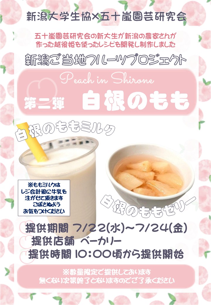 nuc_cafe's tweet photo. 【企画/予告】🍑新潟ご当地フルーツプロジェクト🍑
7/22(水)より学食×五十嵐園芸研究会( @ikarashi_horti )のコラボ第二弾を実施をします❕

🍑白根のもも🍑
🍑提供店舗　ベーカリー
🍑白根のももミルク
🍑白根のももゼリー

10:00頃からの提供＆数量限定となっております🙇‍♀️ https://t.co/aTUwcYVZl0