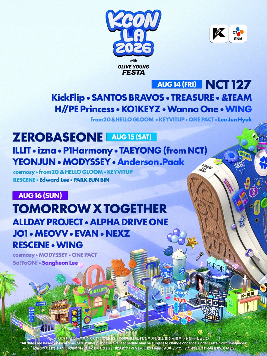 kconusa's tweet photo. [#KCONLA2026] FULL LINEUP 

Meet the FULL LINEUP and get ready for stages you’ll Never-Forget!

*All dates are based on local time.
*Artist lineup and the event schedule may be subject to change or cancel under certain circumstances.

𝐆𝐄𝐓 𝐘𝐎𝐔𝐑 𝐓𝐈𝐂𝐊𝐄𝐓 𝐍𝐎𝐖!
🎟️ https://t.co/ANYHzUuKb5 

🔗Ticket Info 
https://t.co/iJRABamsFz

-
KCON LA 2026
AUG 14-16
https://t.co/0wcVXgZVPl Arena, LA Convention Center

Let’s #KCON