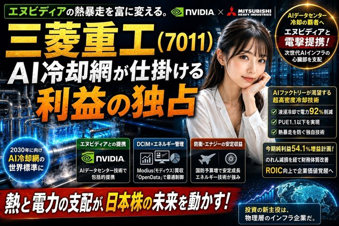 may_konkatsu's tweet photo. 三菱重工すごいですね。
NVIDIAとの提携で、AIデータセンター投資を狙うなら、
今買うべきなのは間違いなくこの5銘柄、、、

1. 7011 三菱重工業
次世代二相式直接チップ冷却技術の国内リーダー。NVIDIA提携でAIデータセンター向け高効率冷却システムの受注が急拡大見込み。 https://t.co/I646mcdFAG