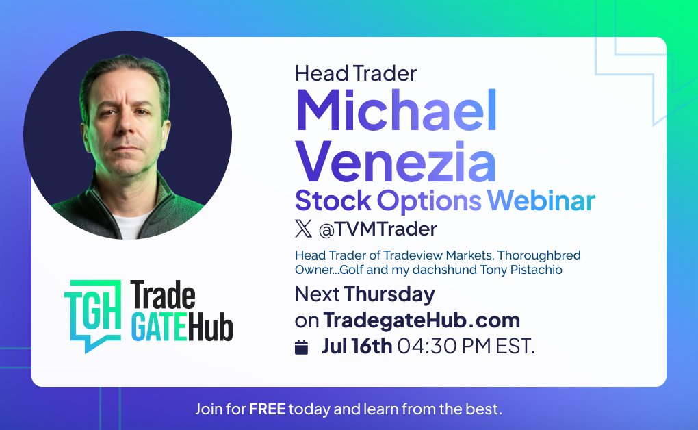 TradeGateHub's tweet photo. Special guest on TradeGATEHub: Michael Venezia.

Join us for a Stock Options Webinar featuring
@TVMTrader, Head Trader of Tradeview Markets, on Jul 16th at 04:30 PM EST.

Register for FREE today at https://t.co/n1QdFKbld8 and learn from the best.

#MichaelVenezia #TVMTrader #StockOptions #Webinar #TradeGATEHub