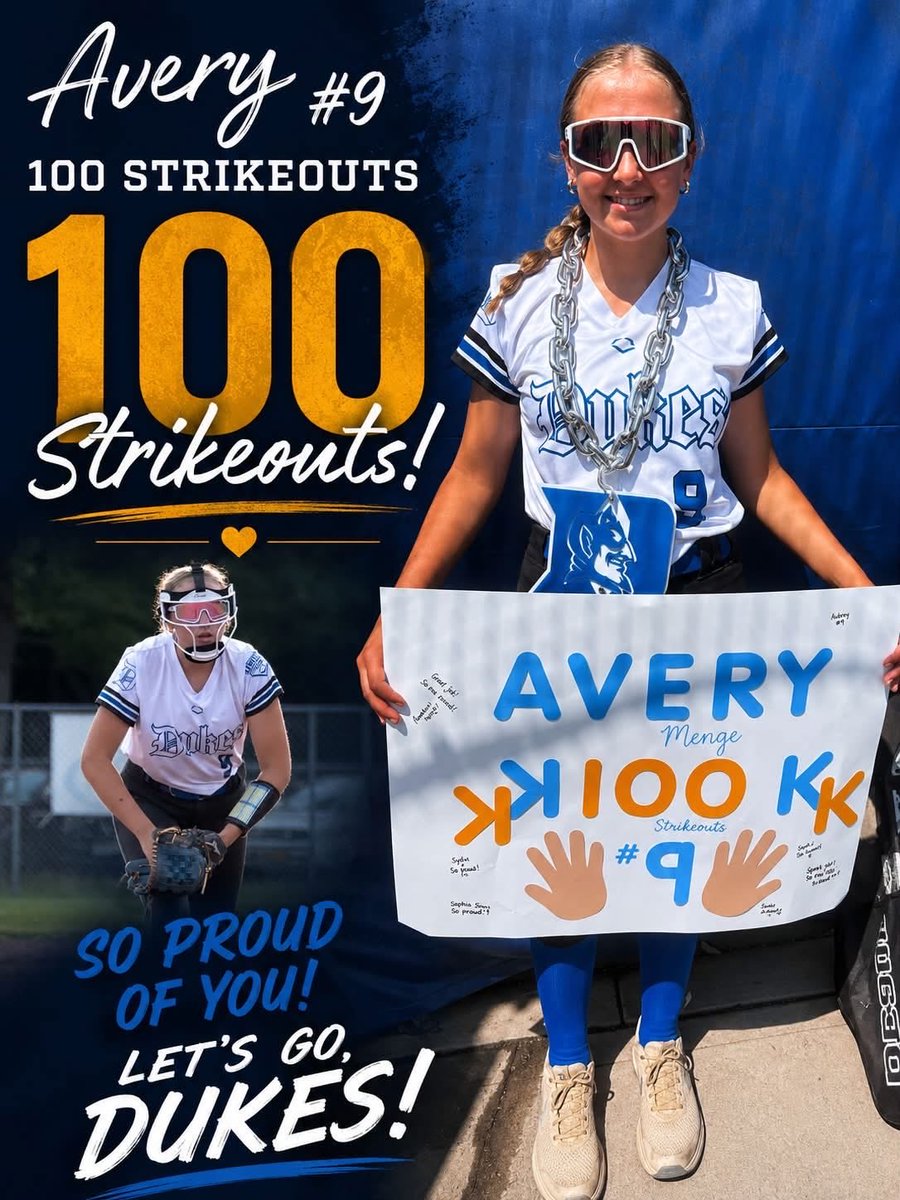 LadyDukesGlenn's tweet photo. ๐ฏ Kโs for #9! ๐ฅ๐ฅ
Congratulations to Avery Menge on 100 strikeouts this season! A well-earned milestone against some of the best competition. Keep it rolling! ๐ #LetsGoDukes https://t.co/x4YPCr3kfO