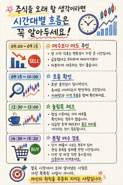 hyevly0's tweet photo. 주식을 오래 할 생각이라면, 시간대별 시장의 흐름을 꼭 이해해야 합니다.

⏰ 09:00~09:15｜매수보다 매도 우선
장 시작 직후는 하루 중 변동성이 가장 큰 시간입니다.
주가가 급등한다고 무작정 따라 사기보다, 먼저 관망하고 차분하게 대응하는 것이 더 중요합니다.
⏰ 09:15~10:00｜시장 방향 확인
이 시간에는 개장 후의 움직임이 단기적인 변동인지, 아니면 하루 종일 이어질 추세의 시작인지를 판단해야 합니다.
기억하세요. 가격은 방향을, 거래량은 진실을 보여줍니다.
⏰ 12:30~13:00｜눌림목 기회 체크
점심 이후에는 시장이 지지선을 확인하는 경우가 많습니다.
성급하게 추격 매수하기보다, 더 좋은 매수 자리를 기다리는 인내가 중요합니다.

⏰ 14:30~15:20｜분할 매수 검토
장 마감을 앞두고 단기 자금의 차익 실현 매물이 나오는 경우가 많습니다.
이때는 관심 종목을 다시 살펴볼 좋은 시간입니다. 다만, 마지막 동시호가 구간은 여전히 신중하게 지켜봐야 합니다.
투자는 누가 더 똑똑한지를 겨루는 게임이 아니라, 누가 더 원칙을 잘 지키는지를 겨루는 게임입니다.
결국 시장에서 오래 살아남는 사람은
예측을 가장 잘하는 사람이 아니라,
자신의 투자 원칙과 매매 규칙을 끝까지 지켜내는 사람입니다.