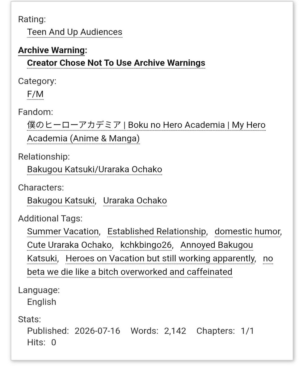 CVenom_Tai's tweet photo. Hey #kacchako fam!! Posting my first entry for @kacchakobingo !! A silly little summertime ficlet with our favorite two 🩷🧡 hope y'all enjoy the cuteness! 

#kchkbingo26

https://t.co/FbixpuMVcg https://t.co/YMTQvmYWJX