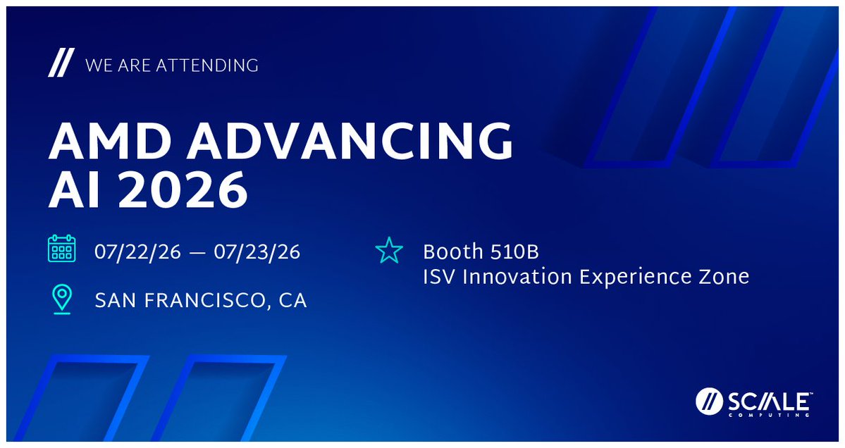 ScaleComputing's tweet photo. We’re attending @AMD Advancing AI 2026, July 22–23! Meet Dusty Koekenberg, Craig Theriac &amp; Chris Nietzold in the ISV Innovation Experience Zone at Booth 510B to learn how Scale Computing, Inc. is helping organizations run AI workloads reliably at the edge.
https://t.co/cbt9jbLJkm https://t.co/LUTceXYOHr