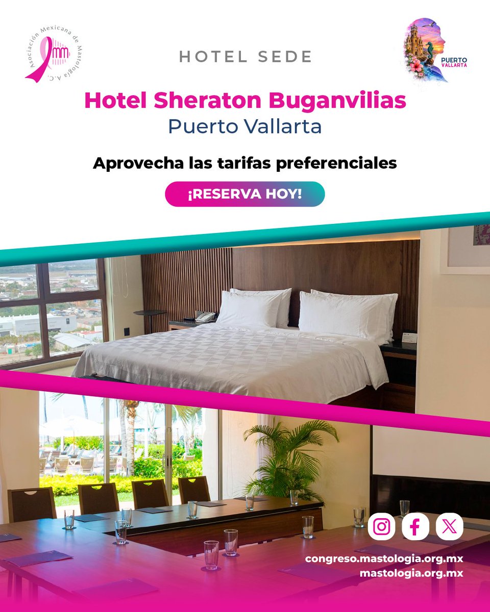 MastologiaMx's tweet photo. 🏨 Hospédate en el Hotel Sheraton Buganvilias, sede oficial del #CongresoMastología2026.
Aprovecha las tarifas preferenciales y reserva hoy. ✨
🔗 https://t.co/tVfdXXe6nO
#Congreso #AMM #Mastologia #Hotel #Cancerdemama https://t.co/gn5HOI003R