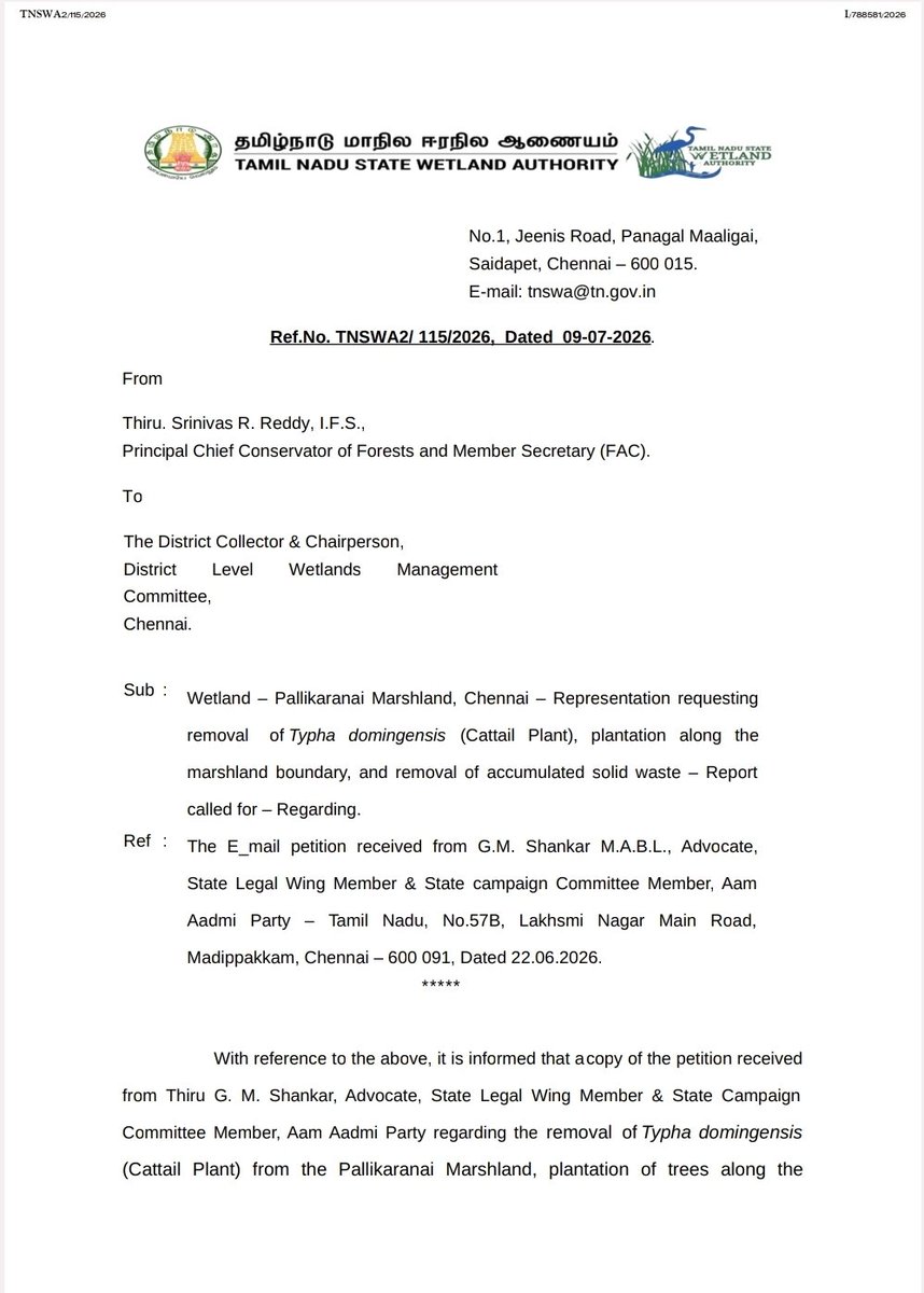 puratchialan's tweet photo. @CMOTamilnadu @tnforestdept 
நீங்க கேட்கவில்லை என்றாலும்...

இவர்கள் கேட்டார்களே!  மகிழ்ச்சி 🙏🏻

பள்ளிக்கரணை சதுப்பு நிலத்தில் உள்ள Typha Domingensis என்கிற மாசு ஏற்படுத்தும் புல்வகையை அகற்றக்கோரியும், சதுப்பு நிலத்தை சுற்றி மரக்கன்றுகள் நடவேண்டியும், மலைபோல் கொட்டப்பட்டுள்ள குப்பைகளை அகற்ற வேண்டியும் கடந்த 22.06.2026 ஆம் ஆத்மி கட்சியின் ம���நில வழக்கறிஞர் அணி சார்பாக மின்னஞ்சல் புகார் அனுப்பப்பட்டது.

உடனடியாக Principal Chief Conservator of Forest நடவடிக்கை எடுக்க பரிந்துரை செய்துள்ளது வரவேற்கதக்கது.

விரைவில் தக்க நடவடிக்கைகள் எடுப்பார்கள்
என நம்புகிறோம்.

என்றென்றும் மக்களுக்காகவே!!!

இங்ஙனம்

G. M. Shankar M. A. B. L.,
Advocate 
State Legal Wing Member & State 
Campaign Committee Member 
Aam Aadmi Party Tamilnadu 
Madipakkam chennai-91.
9941148843