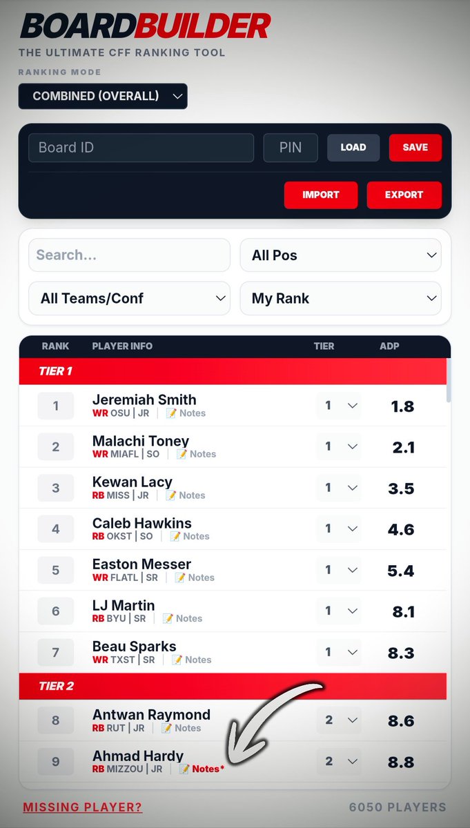 eliotmays's tweet photo. Draft season is in full swing, and your prep needs to be on point.
I’ve just pushed two major updates to #BoardBuilder to help you dominate your draft:
📝 Player Notes: Add custom intel for every player—never forget why you ranked someone where you did.
🖨️ Printable Cheat Sheets: Export your custom rankings directly into a clean, PDF format, ready to take into your draft.
Time to build your board. Let’s get it.
https://t.co/5ly2oRBTeb