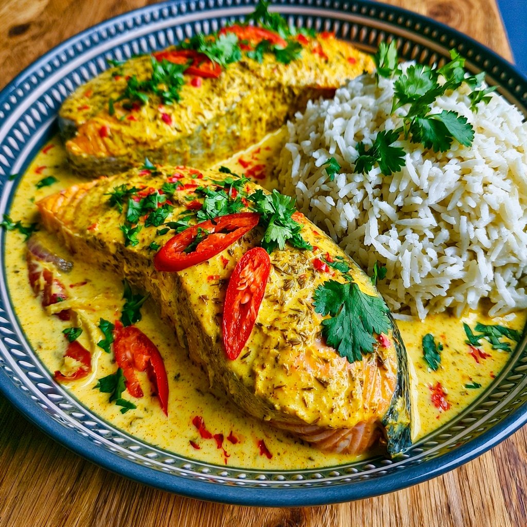SpoonandSoul's tweet photo. Coconut Curry Salmon with Fragrant Rice 🥥🐟🍚
"Creamy, comforting, and full of tropical flavor"

Ingredients
For the Salmon:
4 salmon fillets
1 tbsp olive oil
1 tsp salt
½ tsp black pepper
1 tsp garlic powder
1 tsp ground cumin
1 tsp paprika
For the Coconut Curry Sauce:
1 tbsp butter
1 small onion, finely diced
3 garlic cloves, minced
1 tbsp fresh ginger, grated
1 red chili, sliced
1 tbsp curry powder
1 tsp turmeric
1 can (400 ml) coconut milk
½ cup chicken or vegetable broth
1 tbsp lime juice
Salt and black pepper to taste
For Serving:
2 cups cooked jasmine or basmati rice
Fresh cilantro, chopped
Extra sliced red chili for garnish
Instructions:
Season the salmon with salt, pepper, garlic powder, cumin, and paprika.
Heat olive oil in a large skillet over medium-high heat. Sear the salmon for 3–4 minutes per side until golden. Remove and set aside.
In the same skillet, melt the butter. Sauté the onion until softened, then add the garlic, ginger, and chili. Cook for 1 minute.
Stir in the curry powder and turmeric, cooking for 30 seconds until fragrant.
Pour in the coconut milk and broth. Simmer for 5–7 minutes until the sauce thickens slightly.
Stir in the lime juice and season with salt and pepper.
Return the salmon to the skillet and gently simmer for 3–5 minutes, spooning the sauce over the fillets.
Serve the salmon over fragrant rice, generously spooning the coconut curry sauce on top. Garnish with fresh cilantro and sliced red chili. 😋
