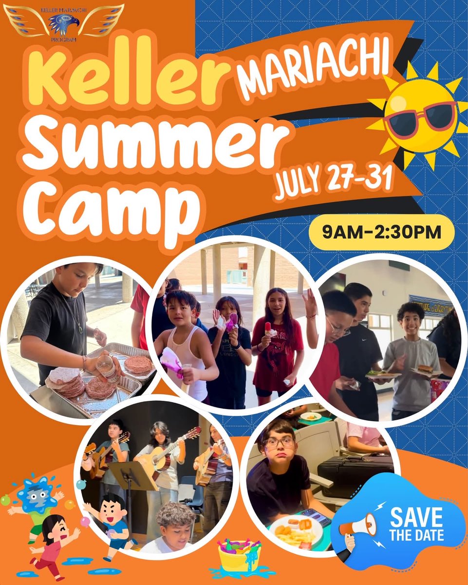 Kellermslv's tweet photo. 🎻☀️ Mark your calendars! Keller Mariachi Summer Camp is coming July 27–31 from 9:00 AM–2:30 PM! Join us for a fun-filled week of music and unforgettable memories with the Keller Mariachi family.

📅 July 27–31
🕘 9:00 AM–2:30 PM

Save the date—we can’t wait to see you there! 🎶 https://t.co/xTEicHvKiI