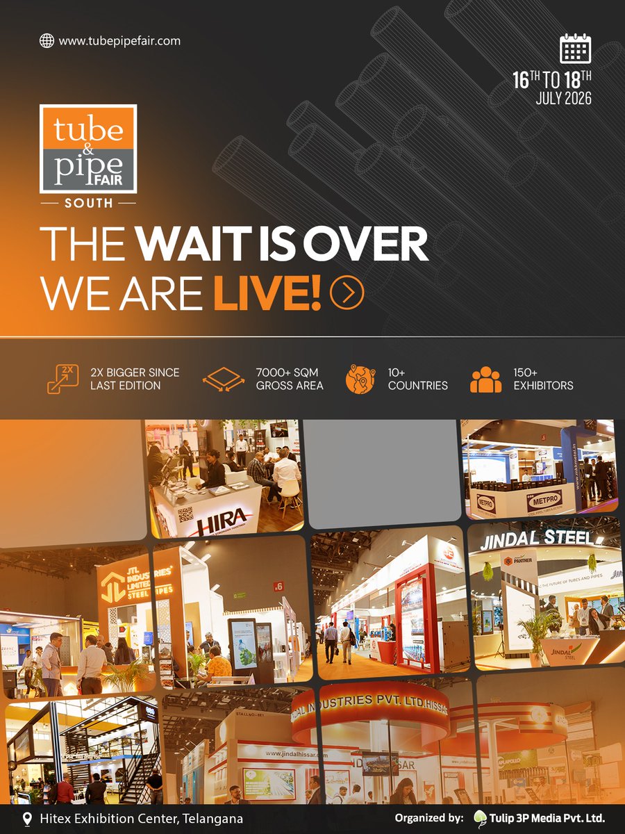 tubepipefair's tweet photo. The wait is over. We are LIVE! 🚀

🕙 Doors opened at 10:00 AM
Join us at HITEX Exhibition Center, Hyderabad, and explore the latest innovations, technologies, and business opportunities in the tube &amp; pipe industry.

👉 Register Now: https://t.co/yeZSMuZCXN https://t.co/fpbDmpPSda