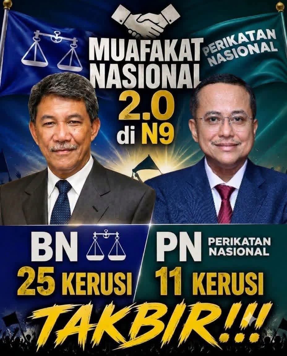 mynewshub's tweet photo. Tok Mat umum BN hanya bertanding 25 kerusi. 

11 kerusi akan diumum nanti kerana BN ada persefahaman dengan 'kawan''. 

Ini strategi 'nak menang buat cara nak menang'.

KERUSI TIDAK DITANDINGI BN:

1. N04 Klawang 
2. N05 Serting
3. N11 Lobak
4. N13 Sikamat 
5. N14 Ampangan
6. N21 Bkt Kepayang
7. N23 Mambau
8. N25 Paroi 
9. N30 Lukut 
10. N31 Bagan Pinang
11. N34 Gemas

Pecahan 11 kerusi BN tidak tandingi ialah:

Kerusi DAP menang — 4 kerusi
N11 Lobak 
N21 Bukit Kepayang 
N23 Mambau 
N30 Lukut 

Kerusi PAS menang — 3 kerusi
N05 Serting 
N25 Paroi
N31 Bagan Pinang

Kerusi PKR menang — 2 kerusi
N13 Sikamat 
N14 Ampangan 

Kerusi Amanah menang — 1 kerusi
N04 Klawang 

Kerusi BERSATU menang — 1 kerusi
N34 Gemas 

Jadi 11 kerusi yang BN tidak bertanding ialah 7 kerusi kawasan PH dan 4 kerusi kawasan PN (3 PAS + 1 BERSATU).
