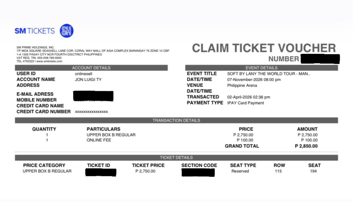 SoNotLui's tweet photo. LFB / Inch: Day 1 of SOFT by LANY THE WORLD TOUR for Manila Leg (Day 1) November 7 UBB Row 115 

💠 Ticket not yet claimed physically
💠 Ticket secured last April 2, 2026 

DM me! https://t.co/ITAfDU3ZyP