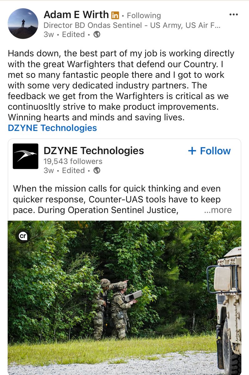 YoYInvestor's tweet photo. $ONDS “NEW” EMPLOYEE SPOTLIGHT: ADAM WIRTH, DIRECTOR OF BUSINESS DEVELOPMENT AT ONDAS SENTINEL👊🏼 

The DZYNE acquisition wasn’t just about adding technology, it was about adding operational expertise and talent. 

As I’ve been reading through the backgrounds of the people joining $ONDS, one individual who stands out is Adam Wirth, Director of Business Development of the newly-formed Ondas Sentinel. 

Adam spends a lot of his time working directly with U.S. military units, helping integrate Counter-UAS capabilities into real-world operations, training warfighters, and gathering feedback from the people who actually use these systems.

It’s very hard to replicate this perspective and experience. 

Reading his recent posts, one theme comes through consistently: capability over marketing.

Rather than relying on fancy pitch decks, Adam has repeatedly advocated for side-by-side demonstrations where competing systems are evaluated under identical conditions while letting performance speaks for itself. 

He also emphasizes continuous product improvement driven by direct feedback from operators in the field, something he is clearly passionate about. 

The DZYNE acquisition strengthens the $ONDS technology portfolio no doubt,  but just as important are the people joining the company… the leaders who understand not only how these technologies work, but how they’re actually used by our warfighters.

Technology is obviously important, but operational experience builds credibility that is invaluable. 

When you combine world class products with leaders who have spent years working alongside the brave men and women they’re designed to support, that creates something much more difficult for competitors to replicate.

This is easily one of the most valuable aspects of the DZYNE acquisition. 

These are the kind of folks I am thrilled to have joining the $ONDS family 👊🏼

@OndasHoldings @CeoOndas