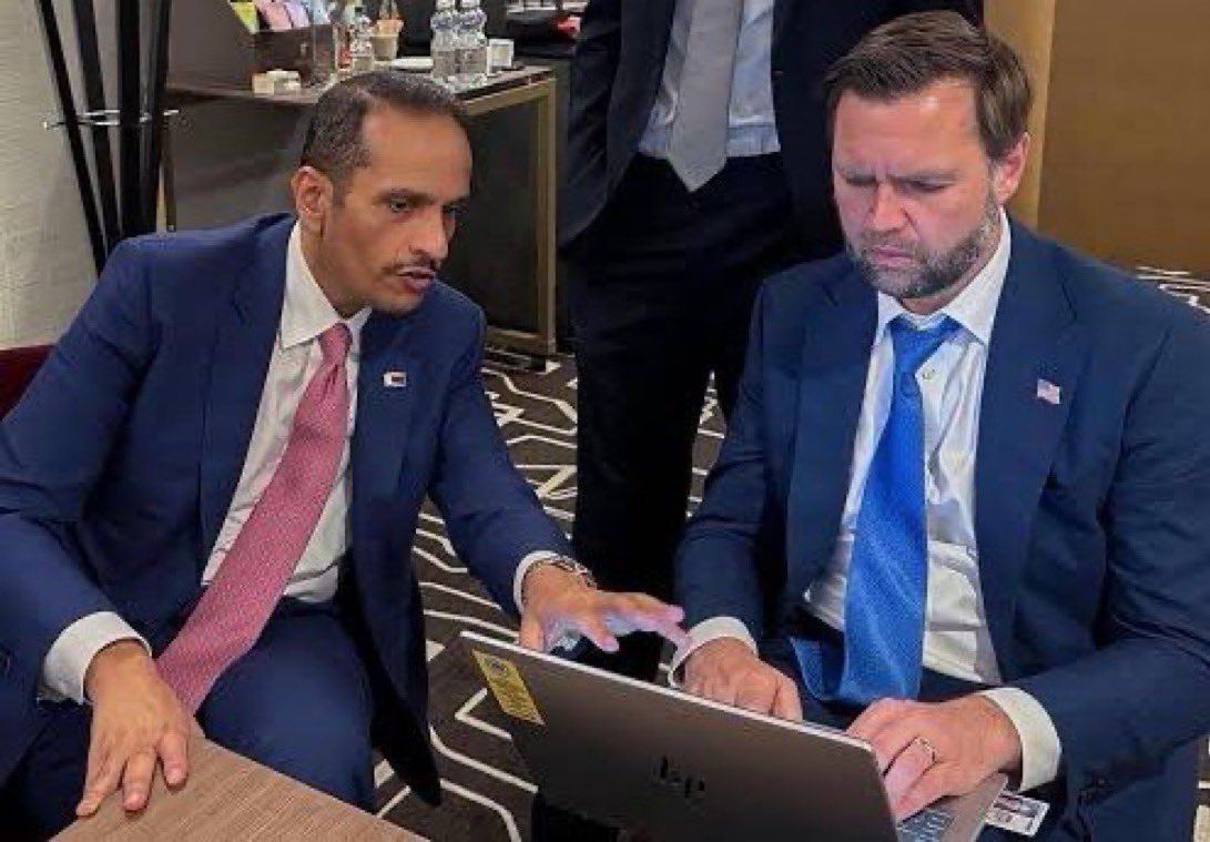 hesamorouji's tweet photo. J.D. Vance never shuts up about “foreign influence” in America. Then this photo drops.

Sure looks like the Prime Minister of Qatar is calling the shots while the Vice President sits there taking notes.

After the Islamic Republic’s terrorist attacks on commercial shipping blew up the MoU, Vance didn’t own the failure of appeasing a terrorist regime. Instead, he did what weak politicians always do: blamed Israel.

That’s a pathetic look.

America needs leaders who put U.S. interests first not politicians who look like they’re taking cues from foreign governments, cutting deals with terrorists, and throwing America’s closest ally under the bus when everything falls apart.
@JDVance 
@marklevinshow 
@SecRubio