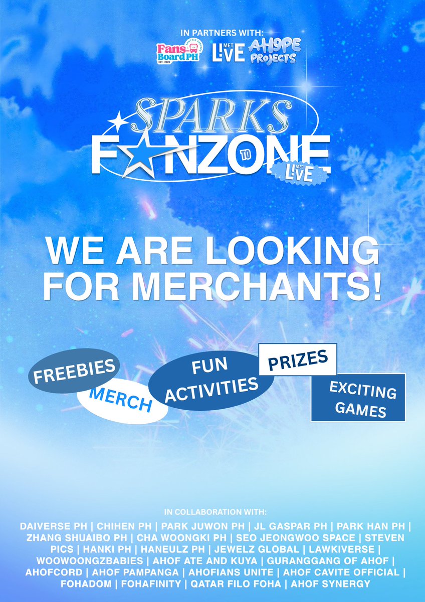 FansOnBoard_PH's tweet photo. 🛍️ CALLING ALL MERCHANTS! ✨

Be part of FOB PH’s first-ever fanzone event—SPARKS Fanzone, happening this July 25–26 at Met Live for the AHOF Concert! 💙

We’re looking for merchants who want to showcase and sell their merch, crafts, fan-made goods, and other exciting finds to fellow FOHAs!

In partnership with @ah9peprojects and @MetLivePH, SPARKS Fanzone will bring fans together for:

✨ Merch and fan-made finds
🎁 Freebies and giveaways
🎮 Exciting games and activities
💙 Fanbase projects
🏆 Prizes and more!
Interested merchants may view the booth details and register through our official website:
🌐 https://t.co/3amEJJmIzZ
Limited merchant slots are available, so register early!
Let’s make the first SPARKS Fanzone a fun and memorable space for the whole FOHA community. See you there! 💙✨

#THE_FIRST_SPARK_IN_Manila
#AHOF #아홉
#FOHAFanzone
#FOHAMeetsAtMETLIVE