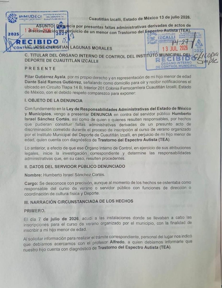 PuntoMedioEdo's tweet photo. ❌️🙋🏻‍♂️🥅 #Denuncian presunta #discriminación contra menor con autismo en curso de verano del #INMUDECI, en Cuautitlán #Izcalli.

🤳 Más información ⬇️
https://t.co/YJKMJbNFbm https://t.co/WjDRRjhaZy