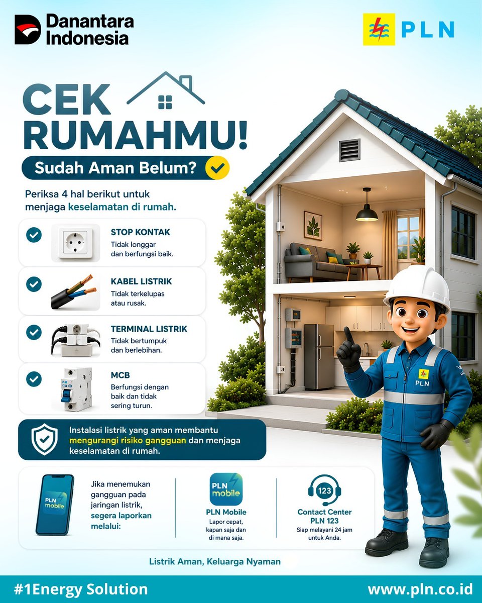 PlnUloe's tweet photo. 🏠⚡ Rumah nyaman dimulai dari instalasi listrik yang aman.

Jangan tunggu sampai ada masalah, yuk biasakan cek kondisi instalasi listrik di rumah secara berkala. 👀

 #ListrikAndal #MelayaniSepenuhHati https://t.co/00xDUIHOZz