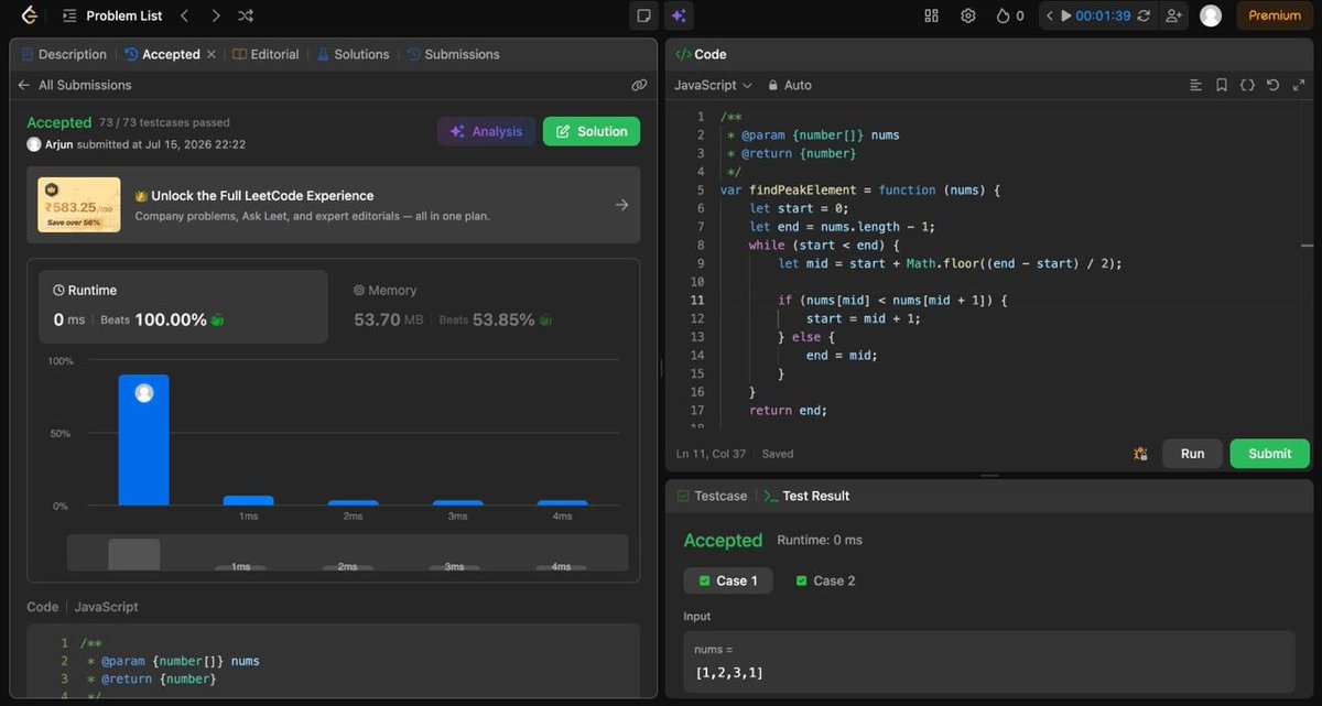 ArjunReactpanda's tweet photo. π Day 18/365 β DSA
β
Solved LC 162 β Find Peak Element
π‘ Today's learning:
Understood how Binary Search can be applied even on an unsorted array by using the slope between adjacent elements to eliminate half of the search space
#365DaysOfCode #LeetCode #DSA #NamasteDev https://t.co/Ey3bSQJGvE