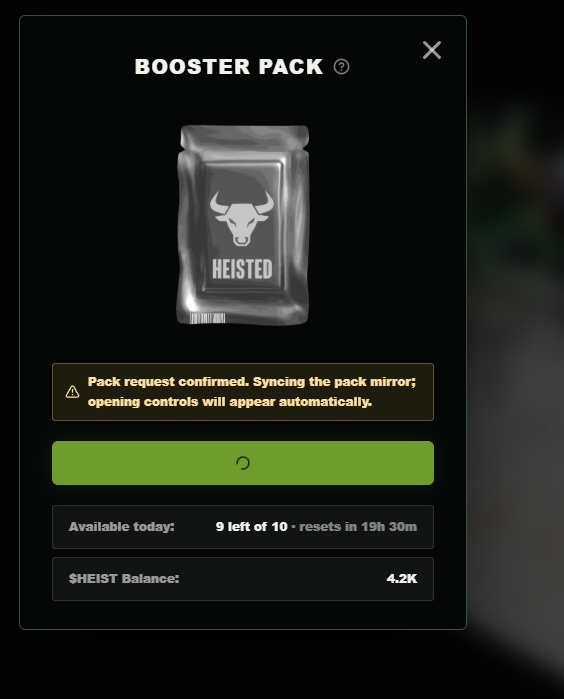 InApriel_'s tweet photo. Hi team, I was able to open my first Booster Pack successfully. However, every attempt after that gets stuck on "Syncing the pack mirror" and eventually returns HTTP 502. Other players can open packs normally, so this seems to be account-specific. Could you please check if my pack queue or inventory is stuck and reset it if necessary?

Request ID: e4fad09e-76f3-4468-8184-a8b59934bd54
@Heistedxyz @weretuna